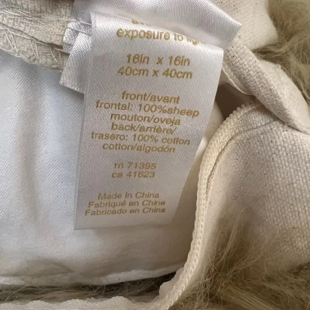West Elm Pillow Sheep Fur 16” X 16” Cream Tan White Duck Feathers & Down Fill